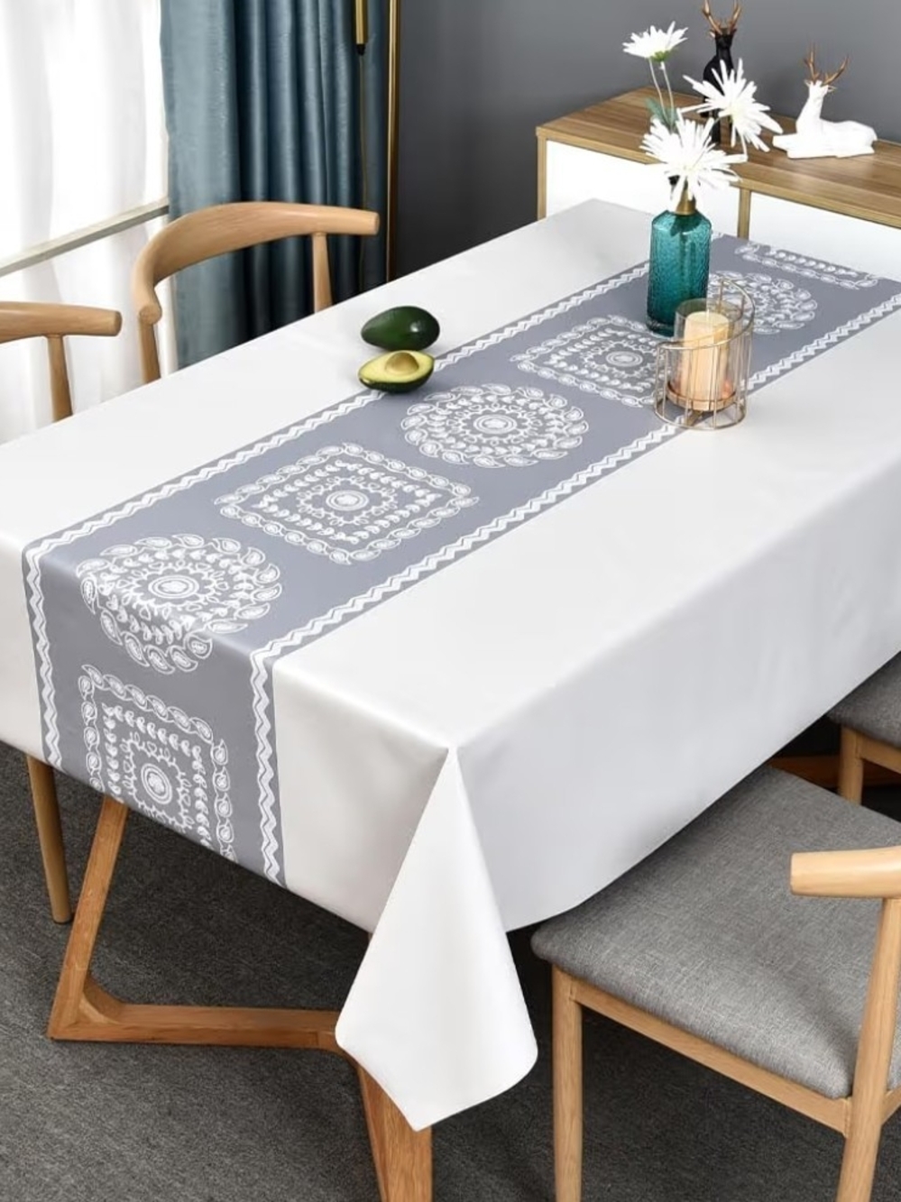 Vinyl Rectangular  Tablecloth With Gray Runner Printed Down Center 54 X 78
